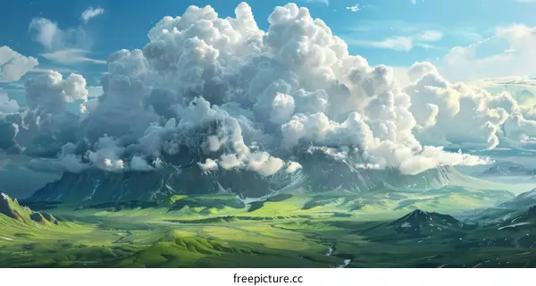 Fantasy landscape with emerald mountains and clouds