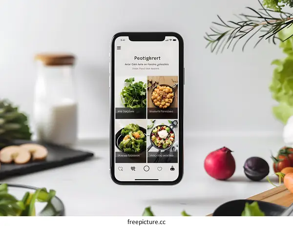 Phone with Recipe App Showing Healthy Food Options