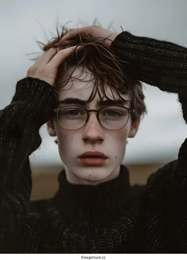 Portrait of a Young Man with Wet Hair Wearing Glasses