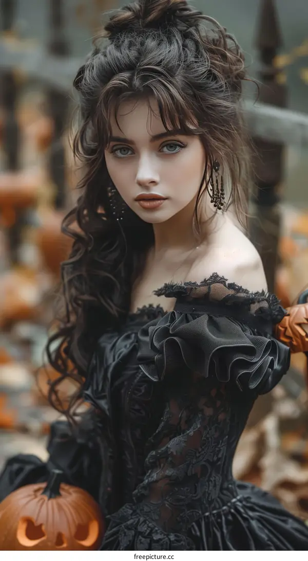 portrait of a beautiful young woman in a black dress with a pumpkin