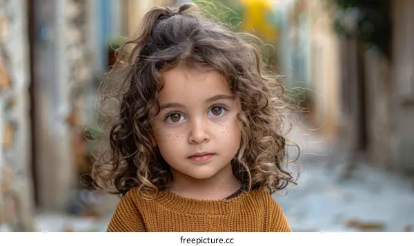 Portrait of a young girl with curly brown hair and brown eyes