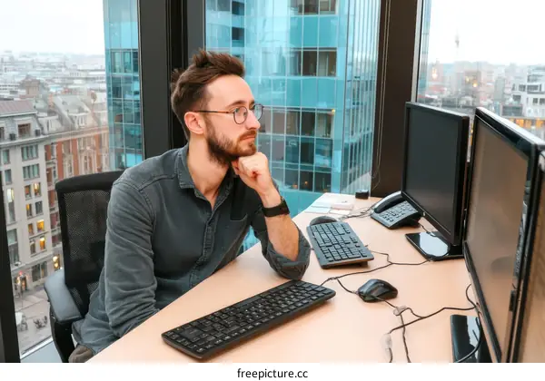 Business Person Working in Modern Office with City View