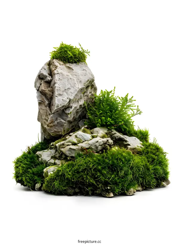 Green Moss and Rocks on a White Background
