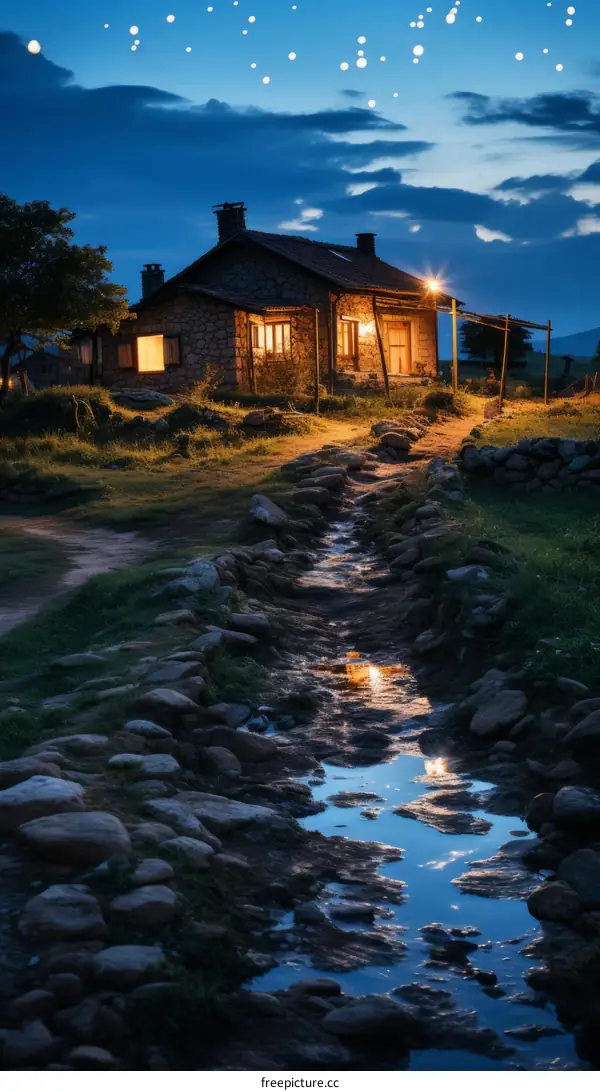 Small stone house in the mountains at night with a starry sky
