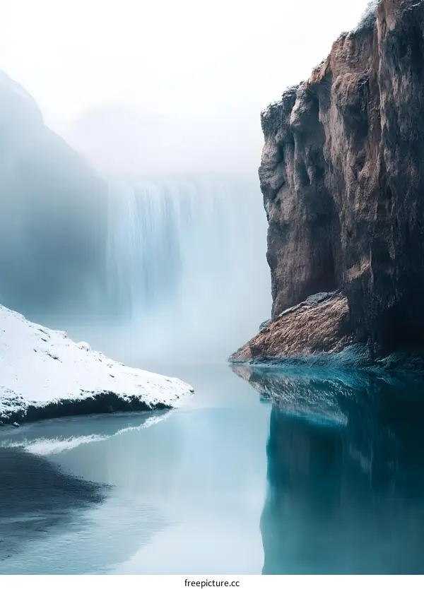 Stunning Waterfall in Iceland with Fog and Snow