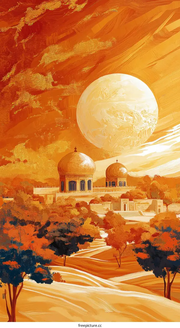 Golden Desert Temple Under a Large Moon