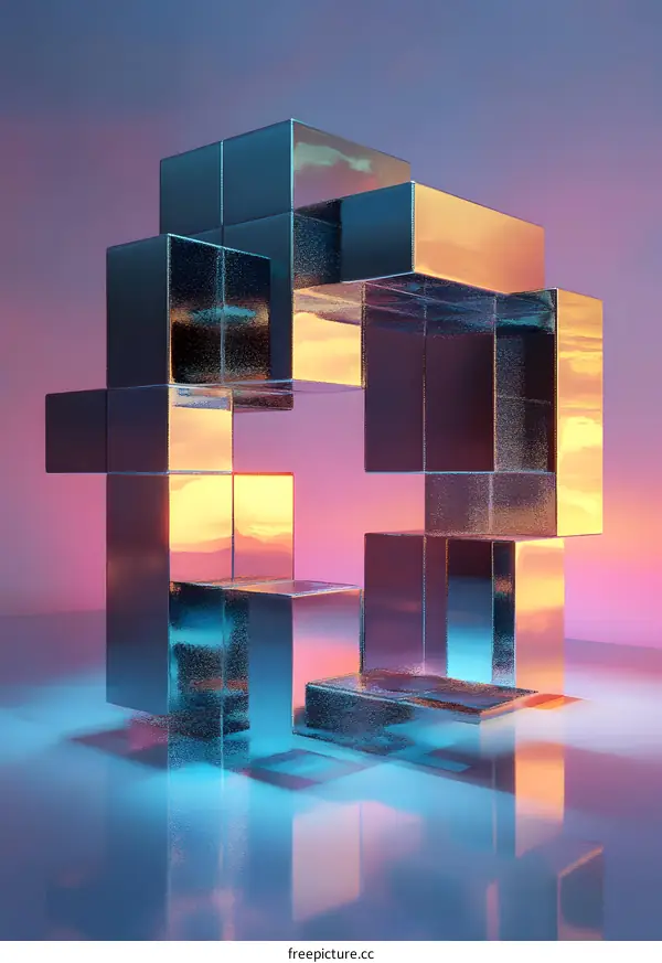 Abstract 3D Rendering of Metallic Cubes with a Sunset Reflection