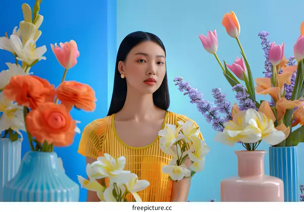 Asian Woman in Yellow Dress Posing With Flowers