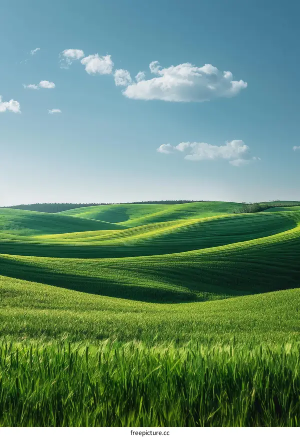 Green rolling hills under blue sky and white clouds