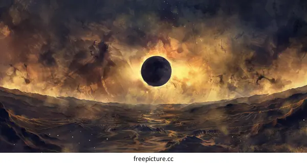 Apocalyptic Fantasy Landscape with Solar Eclipse