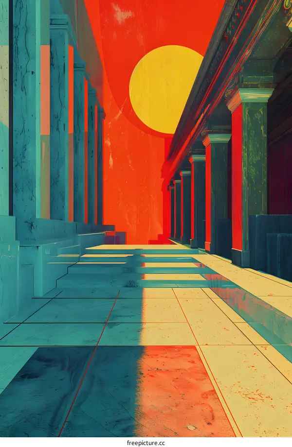 Abstract Architecture With Columns and a Yellow Sun
