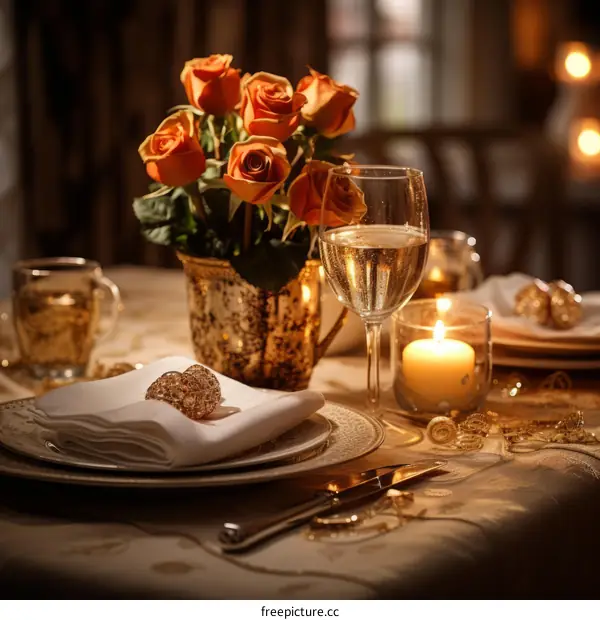 Luxurious Table Setting with Orange Roses Centerpiece