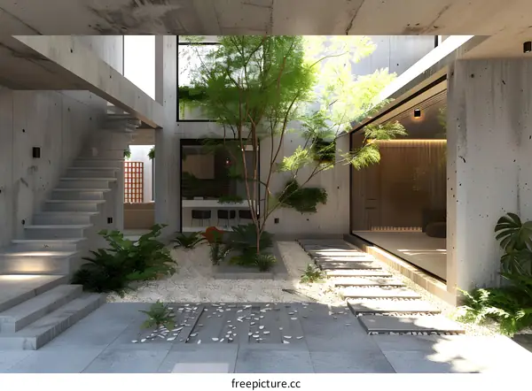Modern Concrete Courtyard with Minimalist Design and Stone Path