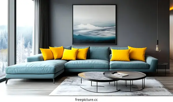 Modern Living Room Interior Design with Grey Walls and Yellow Cushions
