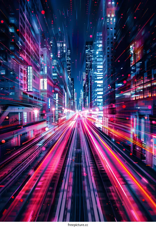 Night Cityscape with Bright Lights and Train Tracks