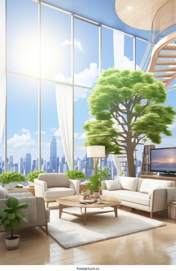 Futuristic Living Room with Large Windows and Indoor Tree