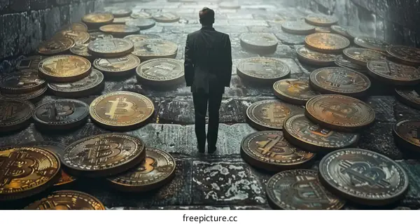 A businessman walking through a path paved with Bitcoin.