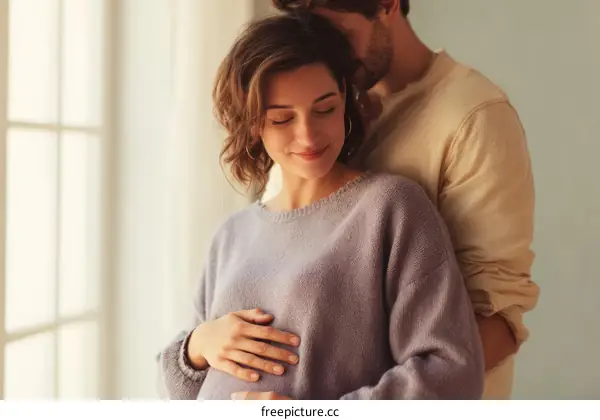 Pregnant woman and partner embracing, showing love and care during pregnancy