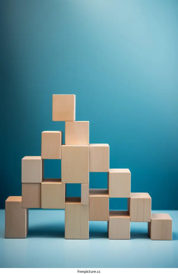 Wooden blocks arranged in a staircase pattern on a light blue background