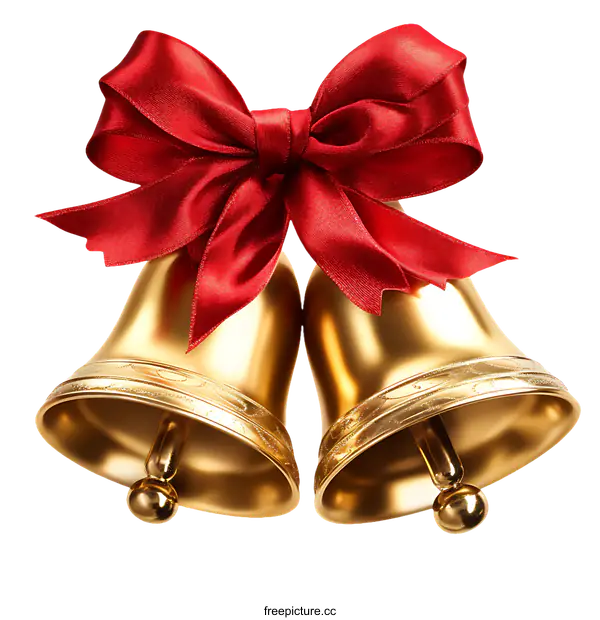 [Transparent Background PNG]Christmas Gold Bells with Red Ribbon