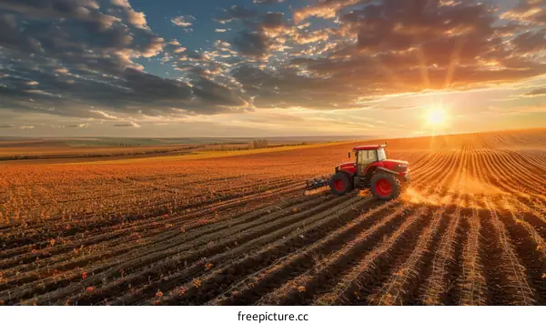 Tractor working in a field at sunset