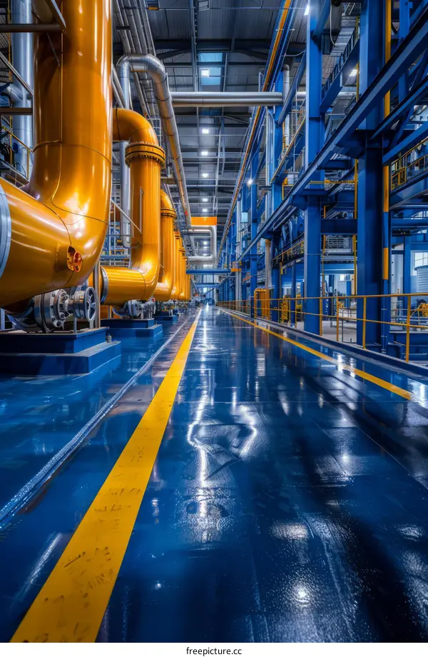 Blue Industrial Pipes with Yellow Accents