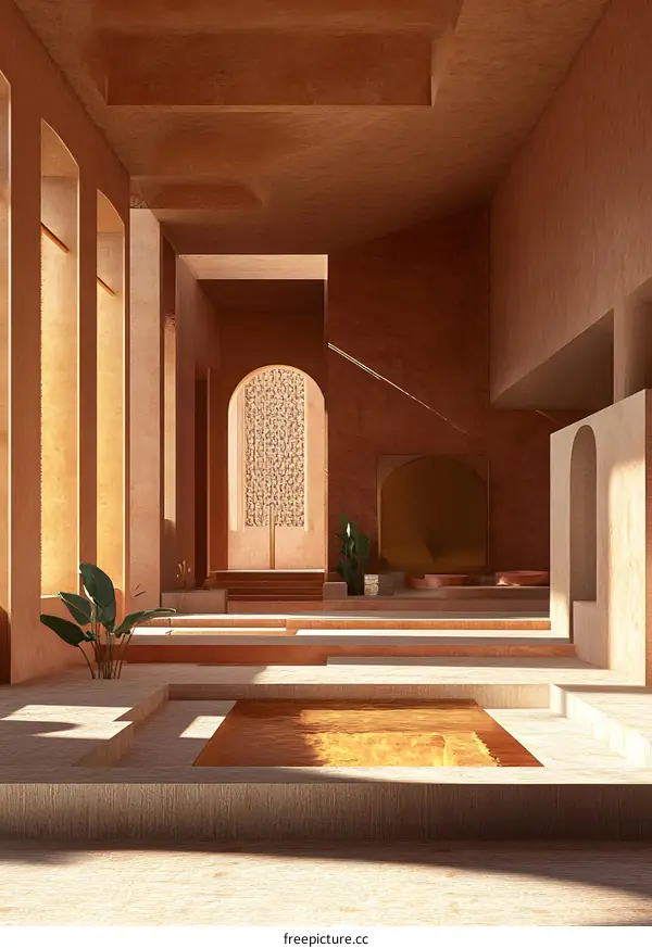 Minimalist Interior Design With Water Feature and Archway