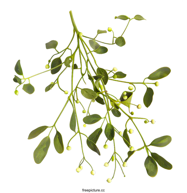 [Transparent Background PNG]Green Mistletoe Sprig with White Berries Isolated on White Background