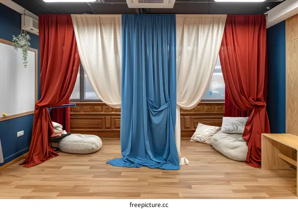Interior Design with Blue, White and Red Curtains
