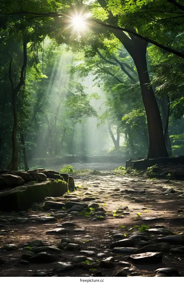The sun shines through the trees in the forest