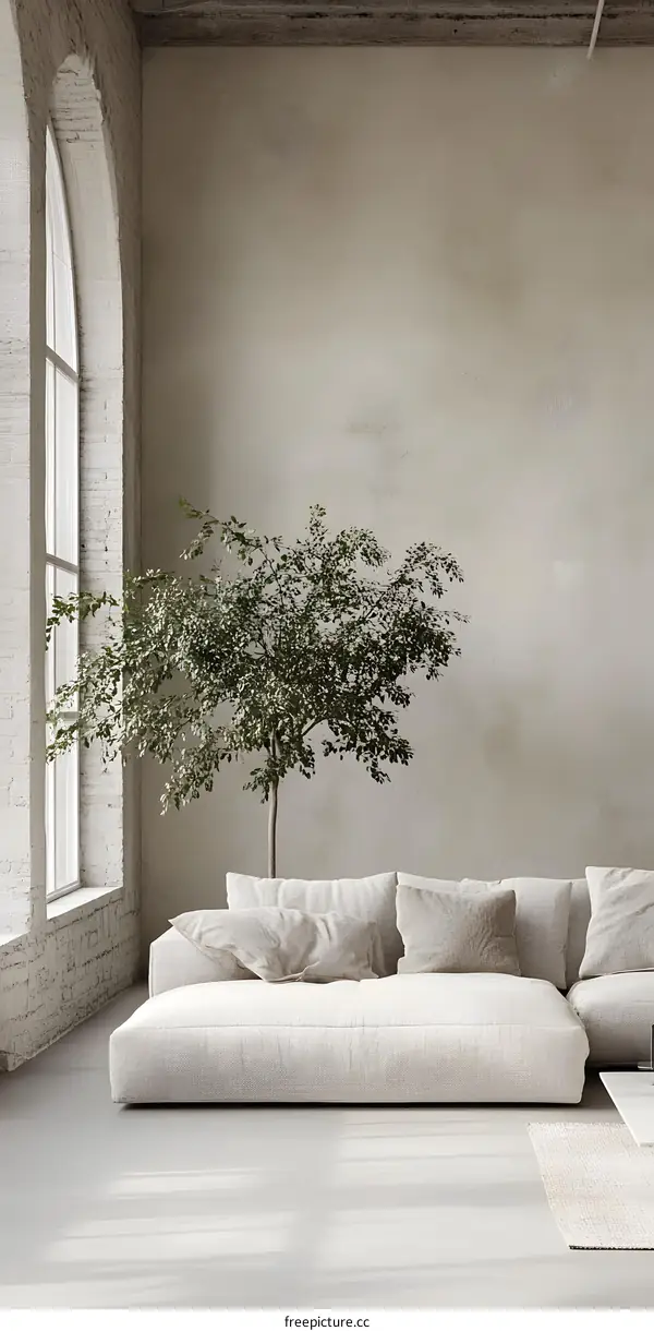 Minimalist Living Room Interior Design with White Sofa and Green Plant