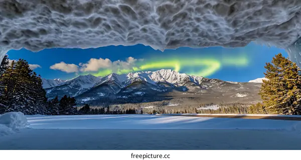 Northern Lights View From Inside A Snowy Cave