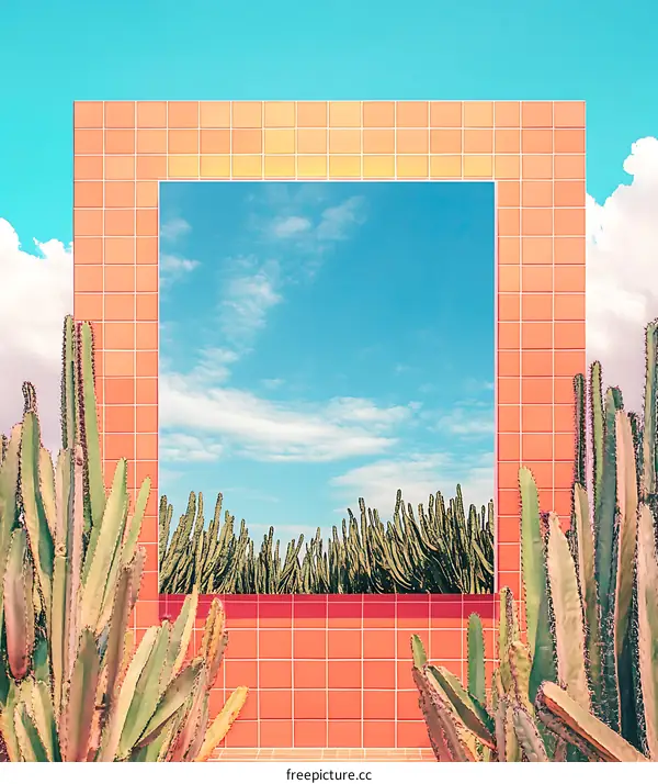 Cactus and Tile Wall With Sky View