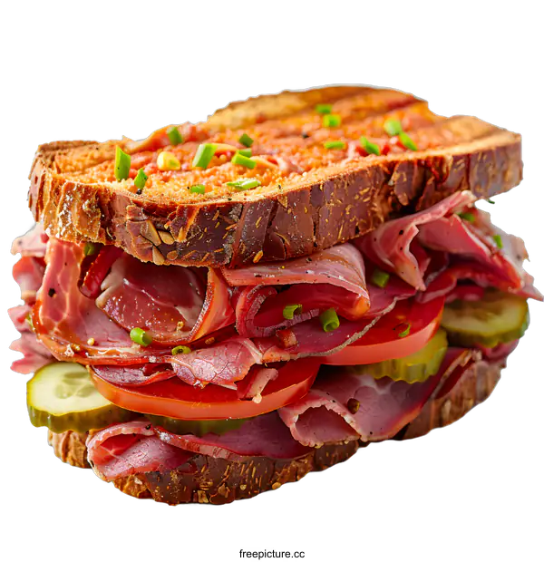 [Transparent Background PNG]Delicious Pastrami Sandwich on White Background