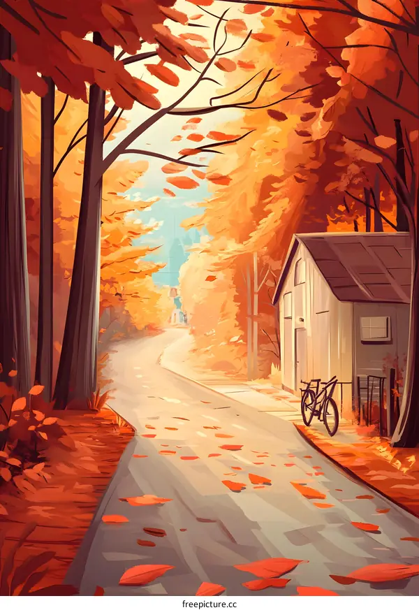 Autumn Landscape with a Small House and Bike