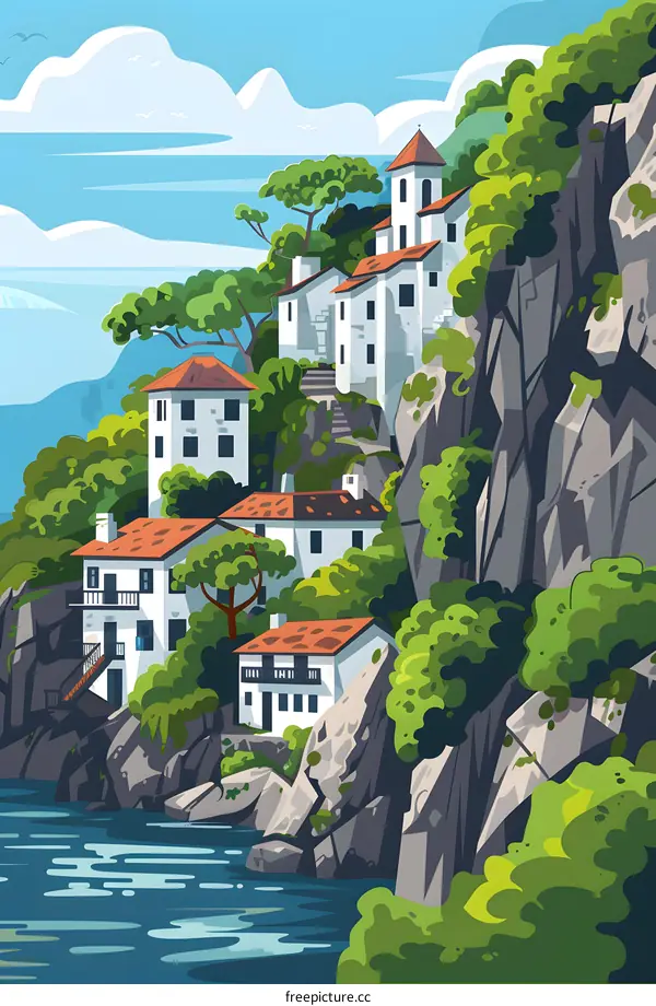 Coastal Village on Cliffside With Green Trees