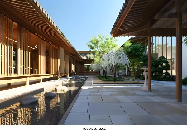 Japanese Garden Courtyard Design With Wooden Structure and Small Pond