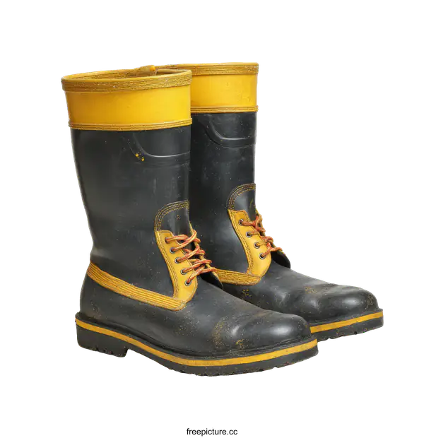 [Transparent Background PNG]Pair of Vintage Black and Yellow Rubber Work Boots