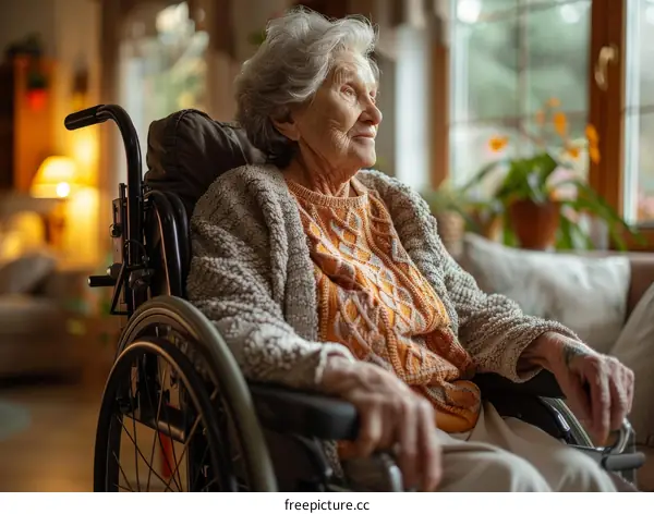 A thoughtful elderly woman in a wheelchair gazes out the window