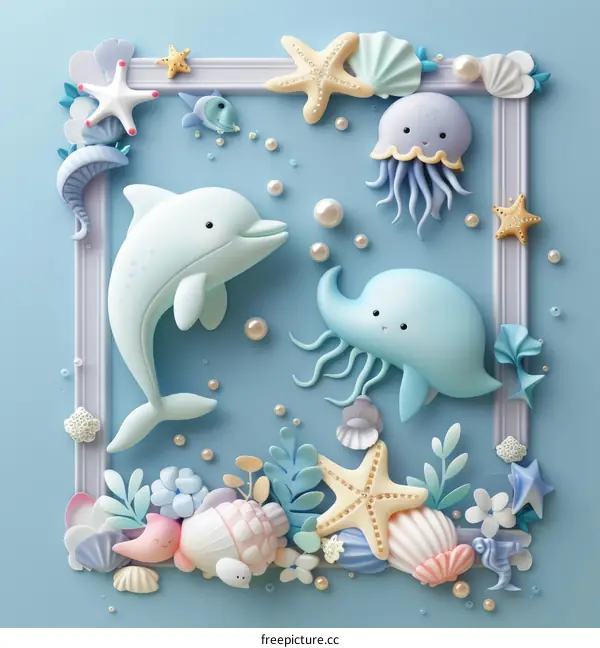 Undersea creatures illustration with a dolphin, jellyfish, and other sea animals