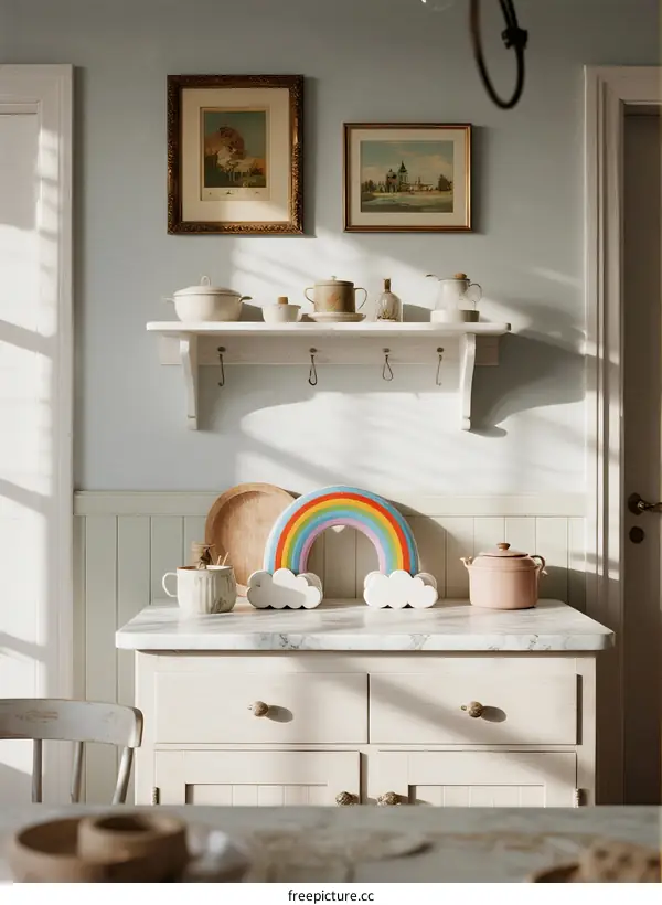 Vintage Style White Dresser with Rainbow Decoration in Room