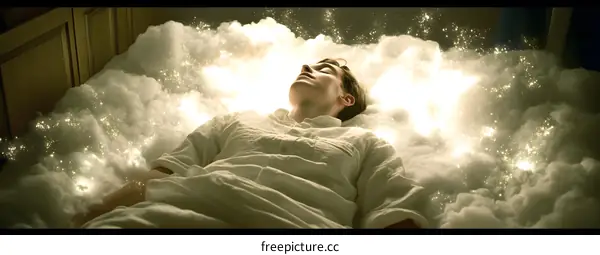 Man Sleeping in a Bed of Clouds with Bright Lights