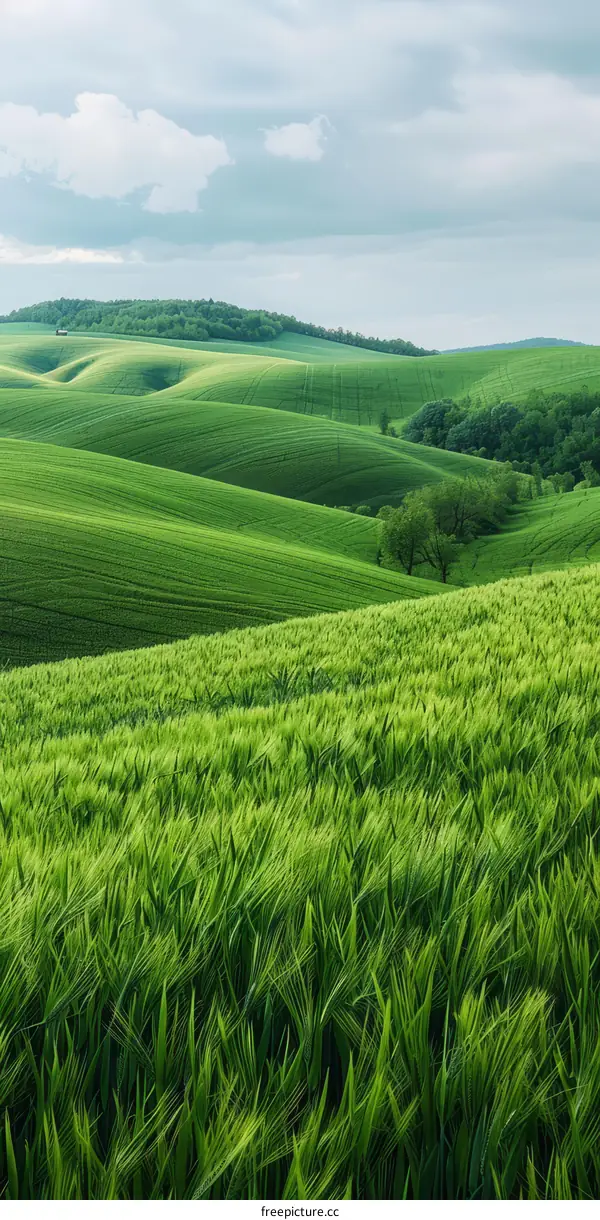 Green rolling hills of wheat field with cloudscape