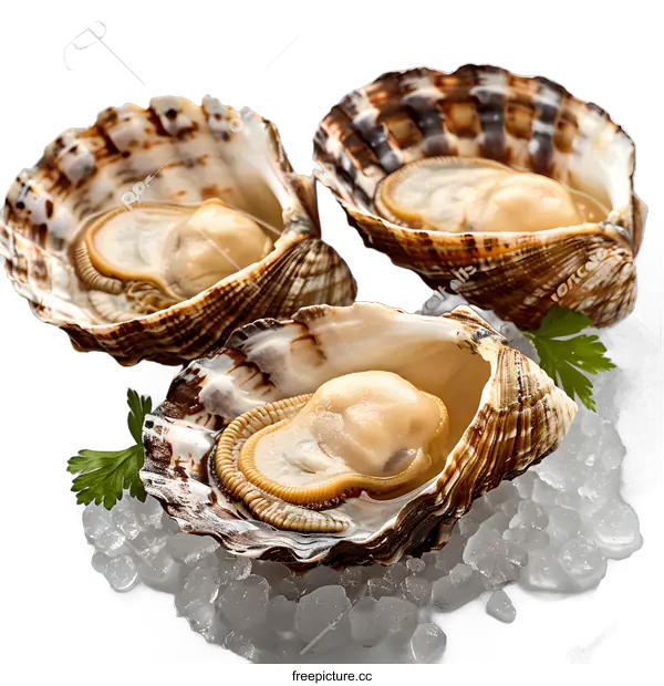 [Transparent Background PNG]Three opened fresh oysters with parsley on ice