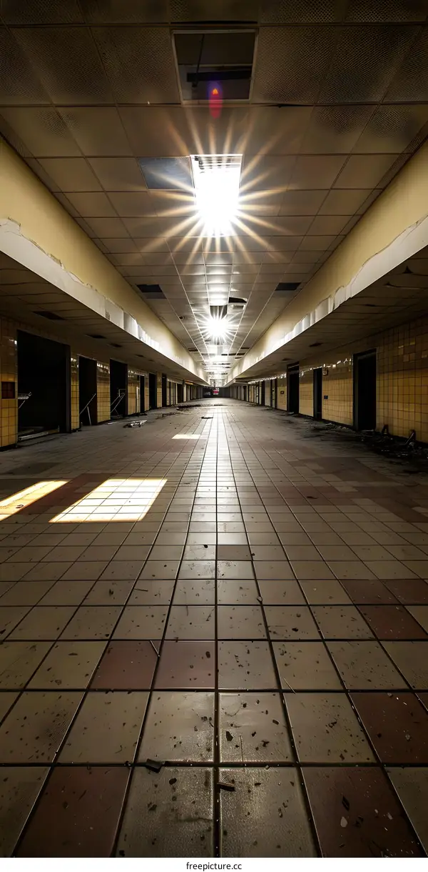 Abandoned Building Hallway With Light Shining Through Ceiling