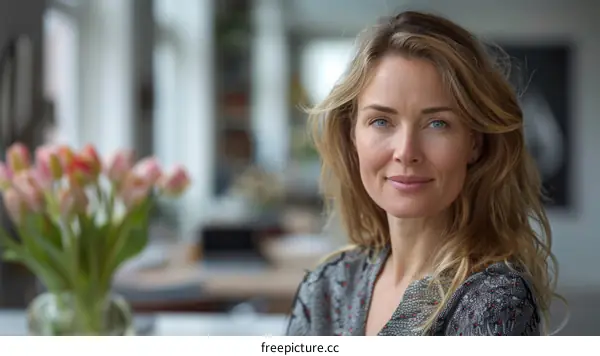 Portrait of a smiling woman with blond hair and blue eyes