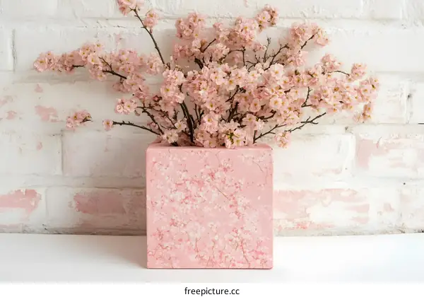 Pink Cherry Blossom in a Pink Vase Against a Brick Wall