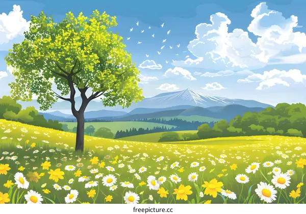 Green Meadow with Daisies and Mountains Illustration
