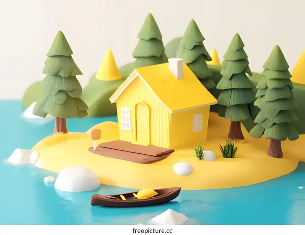 Yellow Cottage on a Lake Island with Pine Trees