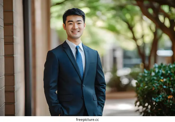 Smiling Asian Businessman in Suit Posing Outdoors